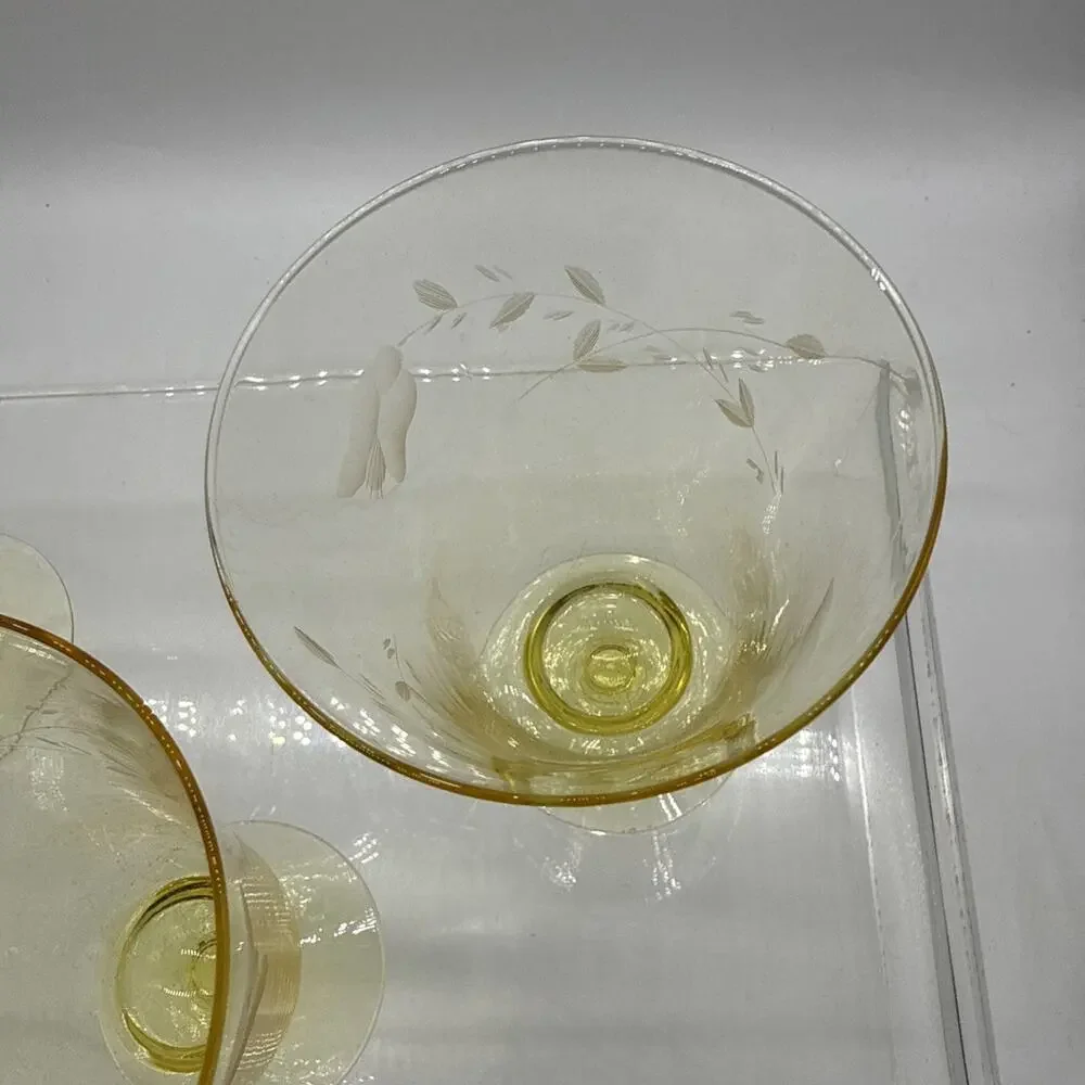 5 Vtg Yellow Depression Glass Footed Parfait Sundae Etched Franciscan Barware